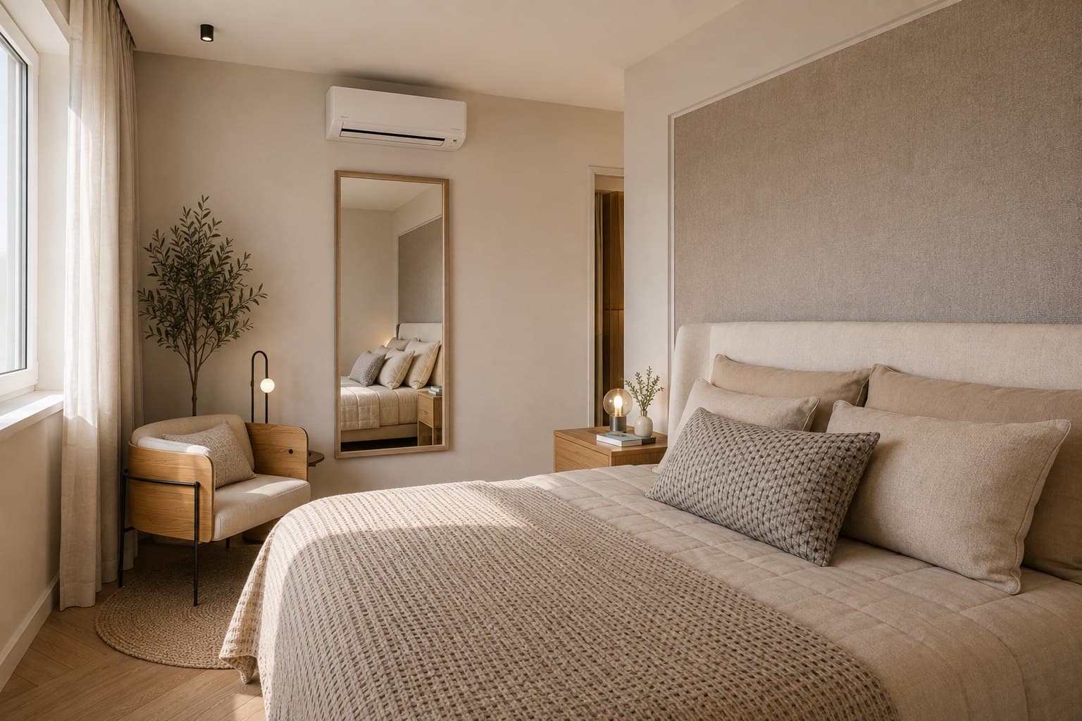 A wall-mounted air conditioning unit above the bed in a bright, modern bedroom